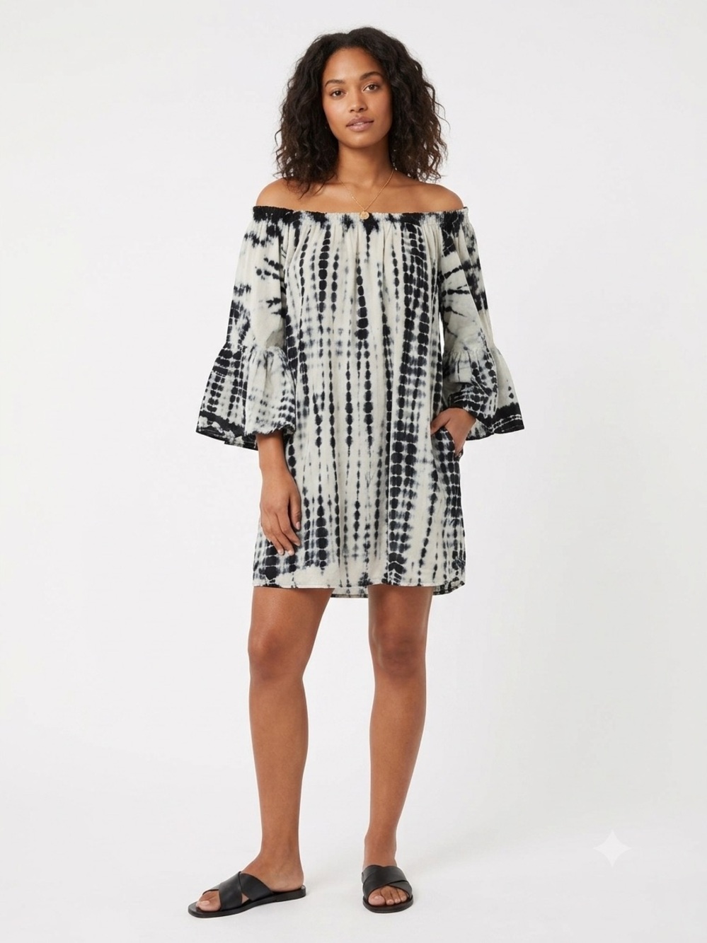 Raviya Black & White Tie-Dye Off-Shoulder Mini Dress